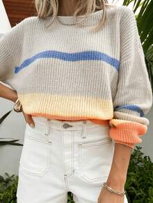 Women Casual Elegant Two-Tone Striped Knit Sweater, Simple Crew Neck Pullover For Commuting, Loose Relaxed Fit, Autumn/Winter
