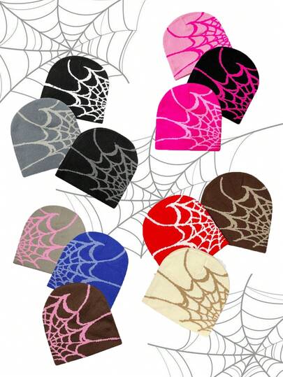 3pcs Spiderweb Casual Street Style Acrylic Blended Colorblock Knit Beanie Hats, Suitable For Daily Wear Autumn Accessories