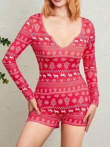 Women's Sexy Romper Shorts, Funny Print Long Sleeve Button Down Deep V Neck Bodysuit - alce de lomo rojo - Ver 8