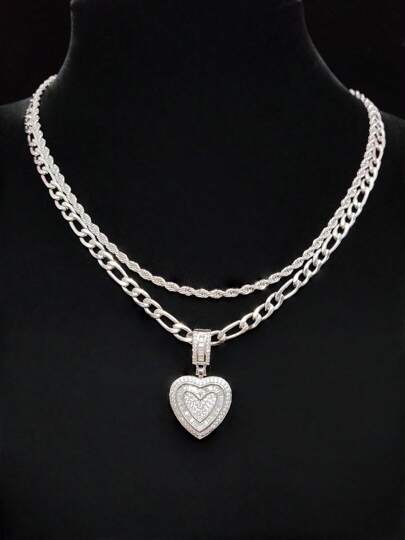 2pcs/Set: 1 Stainless Steel Heart-Shaped Cubic Zirconia Pendant Necklace & 2 Stainless Steel Chain Necklaces, Unisex Fashion Hiphop Vintage Pendant Necklace, Suitable For Daily Wear Or Parties, Layered Necklace, Valentine's Gift