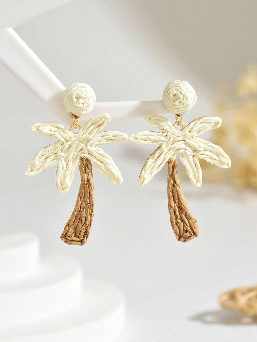 1 par de pendientes de diseño de hoja de palma en estilo bohemio, pendientes tejidos a mano de rafia con diseño de árbol de coco, inspirados en la moda, aptos para mujeres para la playa, vacaciones y fiestas