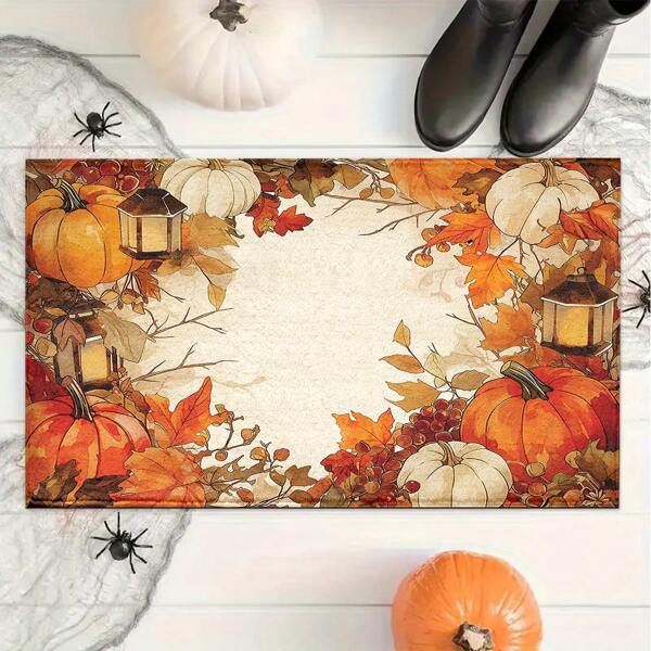 1 pieza Alfombra de entrada, baño, cocina y lavandería con estampado de hojas de arce otoñales, calabaza amarilla y base de goma termoplástica, para decoración del hogar, fiestas, bodas y cocina.
