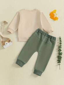 Toddler Baby Boy Clothes Auntie's Lil' Dude Print Long Sleeve Sweatshirt Pullover Top Solid Pants Set Fall Winter Outfit 2Pcs - 卡其色 - 查看 2