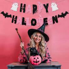 1 Set Ghost Themed Halloween Birthday Banner Decoration Pink Birthday Party Supplies For Halloween Celebrations And Festive Atmosphere Enhancement,Classic Halloween Element Designs Such As Bowtie Ghost, Bat, Spider Web, Etc - Multicolor - View 7