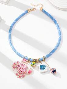 1 件夏季海洋风格手工海洋生物吊坠项链，彩色绳项链配陶瓷螃蟹和鱼吊坠，海滩风格项链首饰，适合度假、日常佩戴（颜色和形状可能有所不同）