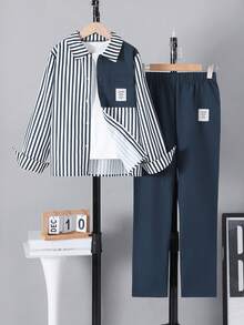 2pcs/Set Boys' Spring & Autumn Striped Long Sleeve Lapel Shirt & Pants Suit, Comfortable Casual Outfit, School Style
