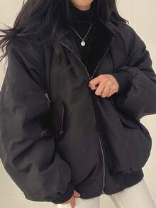 Women's Reversible Oversize Faux Shearling Lined Hooded Jacket Winter Y2K 2 Way Wear Padded Coat - 黑色 - 查看 2