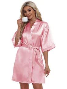 - Albornoces cortos de satén para mujer, para novia, dama de honor, boda, fiesta, ropa de dormir con bolsillos - polvo de caucho - Ver 7