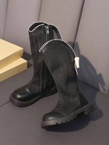 1 双女童高筒渔网靴，街头风格蝴蝶结装饰厚底长靴