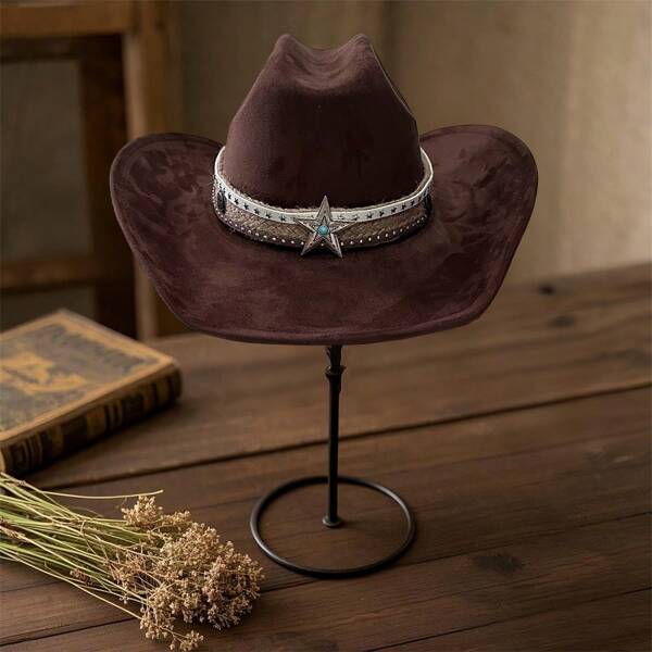 Carnival Suede Cowgirl Hat For Women Men Star Woven Belt Wide Brim Western Cap For Spring Summer