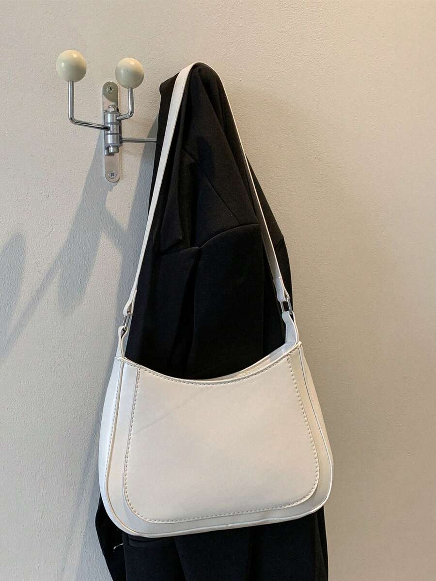 女士时尚纯色复古拼接单肩包，适合日常使用 - 白色 - 查看 1