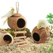 1pc 4-6 Inch Coconut Shell Bird Nest, Tiger Striped Parrot Warm Breeding Shelter, Hanging With Rope, Suitable For Small Birds, Hamsters, Reptiles, Amphibious Pets, Durable Habitat