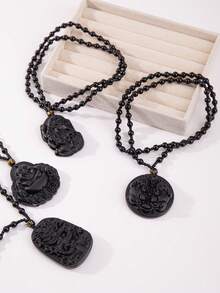 1pc Chinese Style Obsidian Stone Dragon Pixiu God Of Wealth Pendant Necklace - Black - View 2