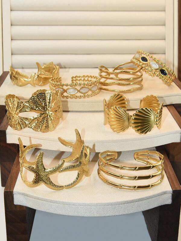 1 pieza Brazalete/Pulsera elástico de mujer con diseño de estrella dorada, concha, pez, hoja, patrón geométrico, joyería de playa, resort de playa, regalo