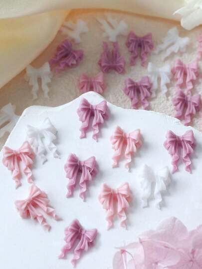30pcs Cute Pink & White Ribbon Bow Nail Art Decorations, Y2K Romantic Minimalist Style Bow Nail Accessories, Suitable For DIY Ladies Nail Salon Design Decoration, Nail Gems Nails Nail Supplies