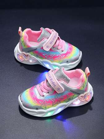 MGO Kidss MGO 儿童彩色发光星星 LED 发光运动鞋，舒适公主休闲女童运动鞋，2025 年秋季春季，适合 1-6 岁儿童，粉色