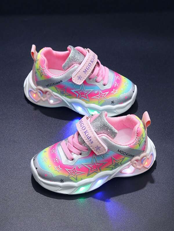MGO Kidss Tênis esportivos infantis coloridos com luzes LED e estrelas brilhantes MGO Kids, tênis casuais confortáveis de princesa para meninas, outono/primavera de 2025, adequados para crianças de 1 a 6 anos, rosa