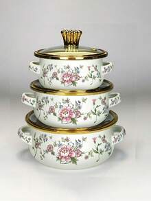 3pcs Enamel Coated Cookware Set: Milk Pot With Dual Handles, Enamel Bowl, Mini Pot, Soup Pot, Ramen Bowl, Small Hot Pot, Thick Enamel Pot, Dual Handle Pot Suitable For Induction Cooktop & Gas Stove, For Cooking Small Portions Or Food Preservation, Family Dinner Supplies, Party Supplies - Multi-color Gold-rimmed Enamel Pot - View 17