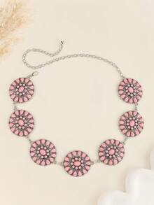Middle Eastern Metal Floral Inlay Waist Chain, Versatile White Dress/Skirt Accessory Belt, Bohemian/, Zinc Alloy, Suitable For Spring/Summer/Autumn/Winter Summer, School Fall, Autumn, Halloween - Hồng - Xem 2