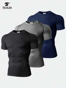 TELALEO 3pcs Boyfriend Style Men's Compression Active Mid Stretch Breathable Moisture Wicking Workout T-Shirt For Outdoor Sports Compression Shirt Gym Top Tank Top Pack - 彩色 - 查看 1