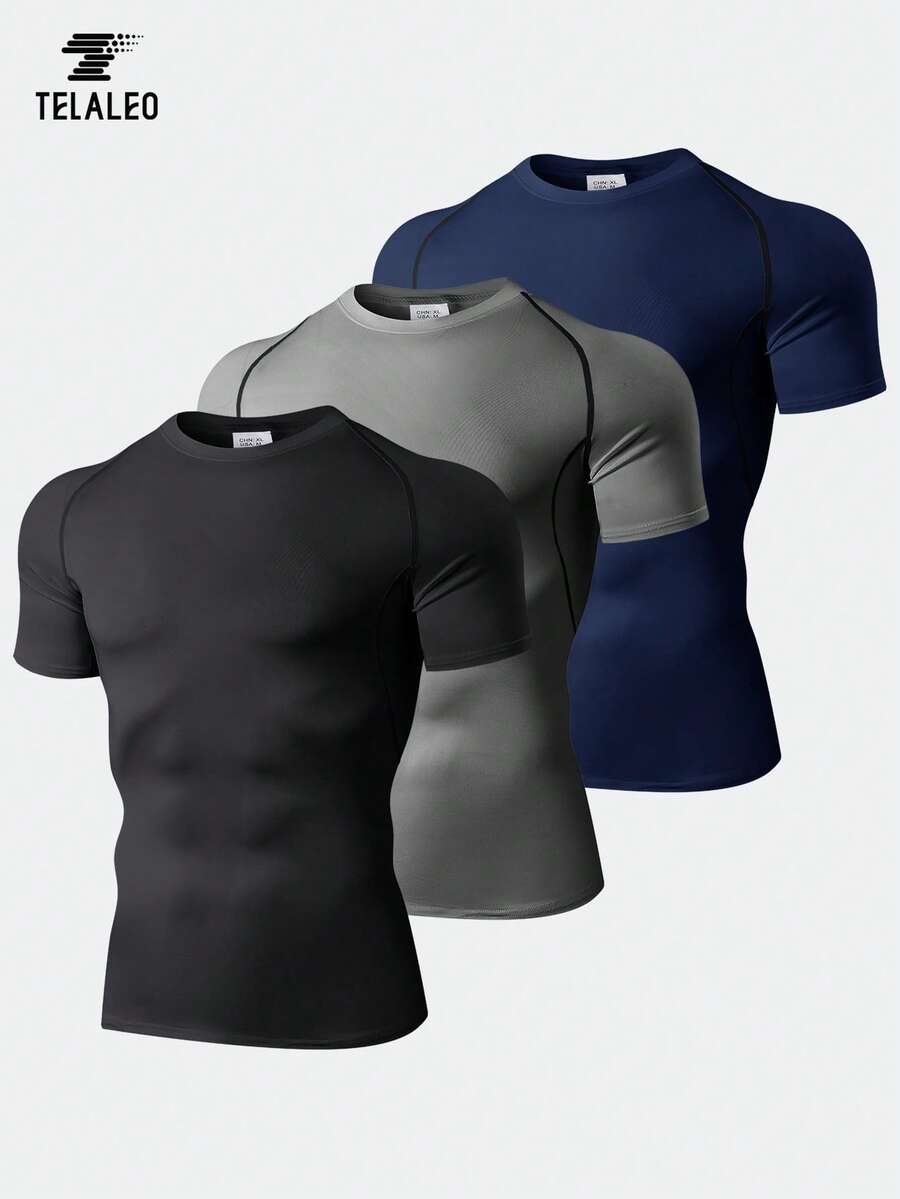 TELALEO 3pcs Boyfriend Style Men's Compression Active Mid Stretch Breathable Moisture Wicking Workout T-Shirt For Outdoor Sports Compression Shirt Gym Top Tank Top Pack - 彩色 - 查看 1
