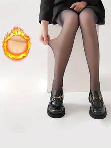 1 双纯色性感尼龙加厚不透明紧身裤，带网状腰带，加厚，适合秋冬季 - 黑色 - 查看 2