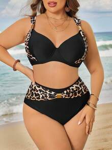 Swim Lushoire 大码女式豹纹印花加厚分体泳衣套装 - 彩色 - 查看 4