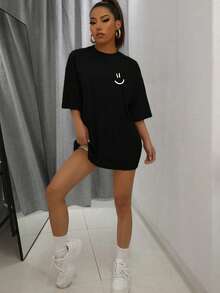 1 件女童和青少年休闲运动简约图案短袖 T 恤 - 黑色 - 查看 4