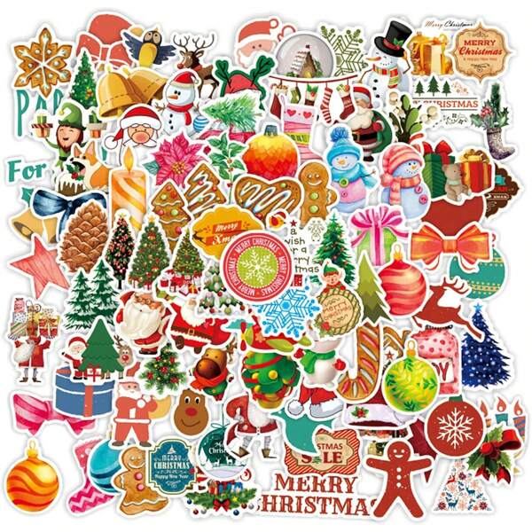 Set de 100 pegatinas navideñas, pegatinas decorativas reutilizables, pegatinas lindas de PVC resistente al agua, pegatinas para envolver regalos, "Feliz Navidad", adecuado para laptop/monopatín/taza/coche/casco/planificador
