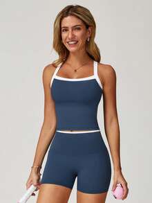 MASKERT "2 Pieces Set" Women's Exercise Set, Gym Women's Wear Set, Yoga Suit Set, Running Exercise Vest Set, High Stretch Fitness Suit Set, Casual, Breathable And Skin Friendly - 藏蓝色 - 查看 1