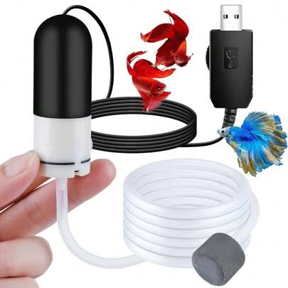 Minicompresor de aire para acuario, bomba de aire USB para acuario de 5 galones, decoraciones para acuario, aireador ajustable para tanque de peces que incluye tubo de oxígeno para acuario + piedras de aire, compresor de aire para acuario con power bank USB