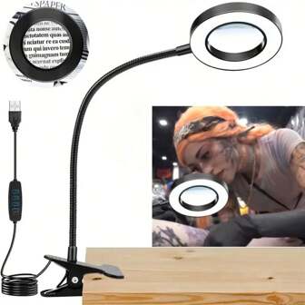 1pc 5x Magnifying Glass LED Desk Lamp With 360 ° Flexible Gooseneck And Adjustable Clip, USB Power Supply, 3 Color Modes And Infinite Dimming Brightness, Suitable For Indoor Use, Reading And Handicrafts, Handmade Lamp, Office, Tattoo And Nail Art