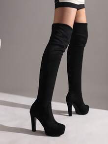 女士过膝靴，粗跟防水台高跟弹力筒靴百搭女士靴，纯色性感户外秋冬 - 黑色 - 查看 4