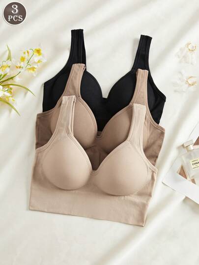 Christmas Time 3PCS Solid Color Women's Fixed Cup Simple And Elegant Seamless Backless Underwear, Wireless, Wide Shoulder Padding, One-Piece Cup, Bra, Sports Bra, Underwear