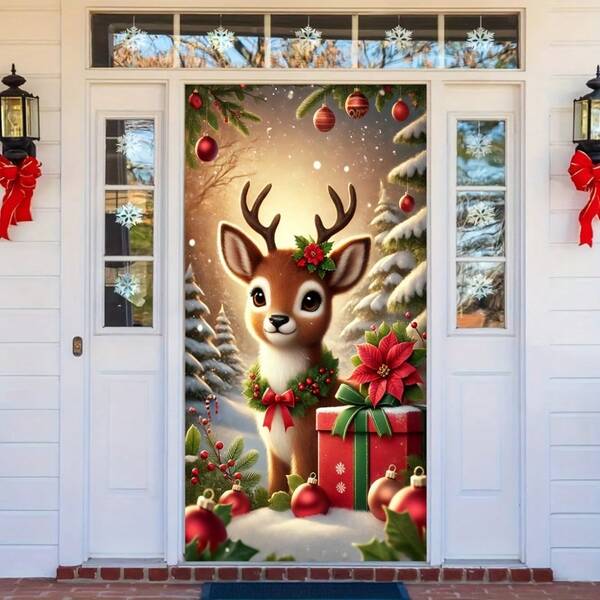 Bannière de porte de Noël thématique de renne en 2D, en polyester durable, un choix idéal pour la décoration de fête à la maison et les fêtes