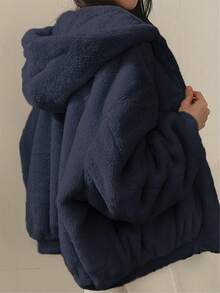 Women's Reversible Oversize Faux Shearling Lined Hooded Jacket Winter Y2K 2 Way Wear Padded Coat - 藏蓝色 - 查看 3