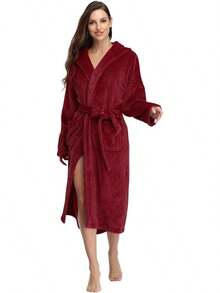 Womens Robes  Fleece Hooded Bathrobe Thick Nightgown With Pockets Fluffy Sleepwear - 酒紅色 - 查看 5