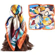 35 Inches Silk Head Scarf-Satin Hair Scarves Silk Bandana Scarf Headscarf For Women's Fashion Scarveshalloween - 彩色向日葵 - 橙色 - 查看 1