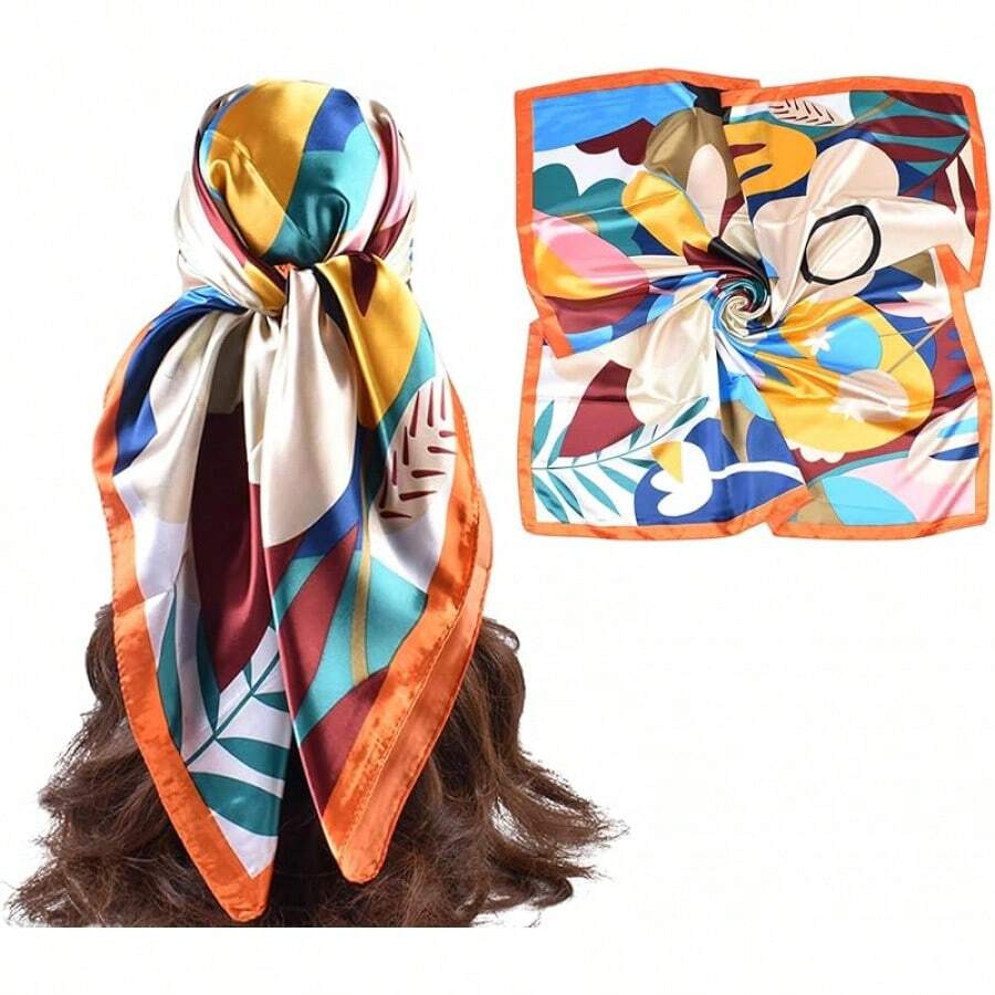 35 Inches Silk Head Scarf-Satin Hair Scarves Silk Bandana Scarf Headscarf For Women's Fashion Scarveshalloween - 彩色向日葵 - 橙色 - 查看 1