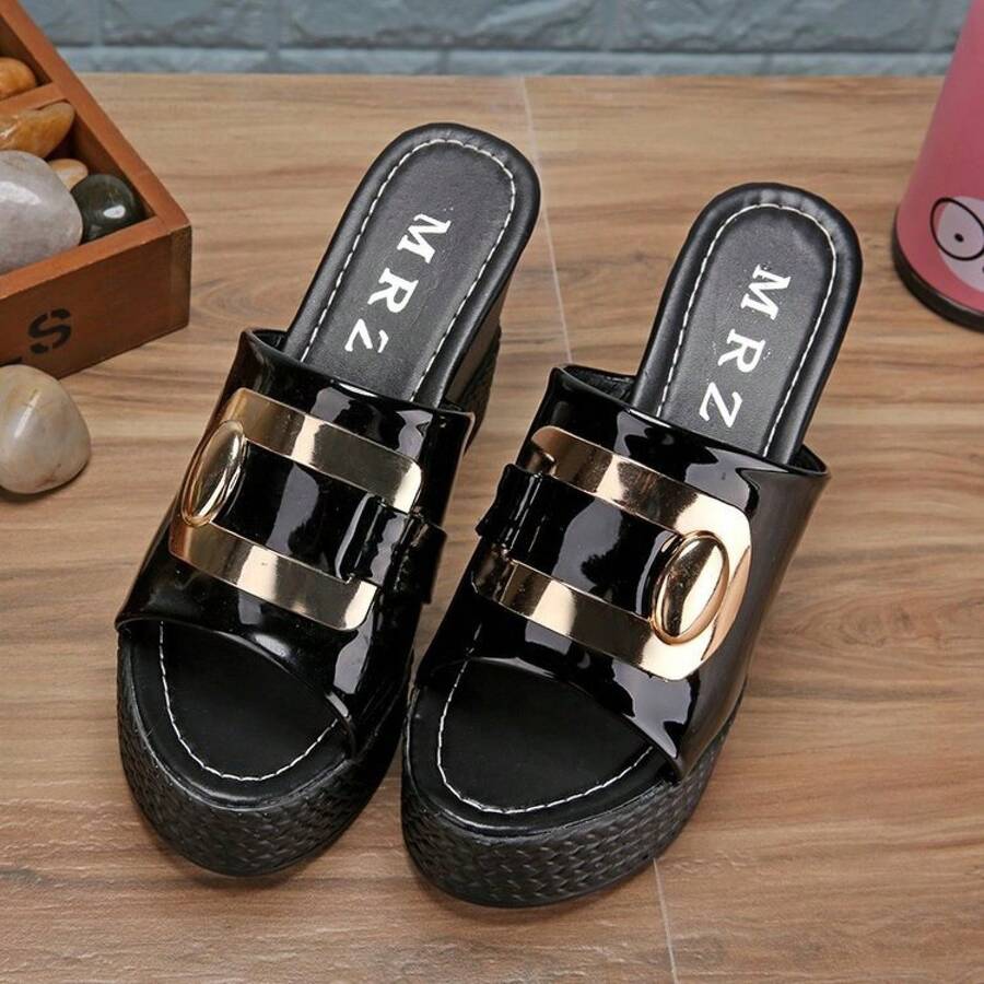 Plataformas De Mujer Elegantes Fashion Women's Summer Fish Mouth Wedge Thick Sole Solid Color Outdoor Thick Sole Sandals - 黑色 - 查看 1