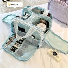 Large Capacity Waterproof Toiletry Bag,Travel Lightweight Large Wide-Open Travel Bag For Women, Puffy Cosmetic Makeup Bag Organizer With Handle For Accessories,Essentials, Toiletries - Xanh và trắng - Xem 9