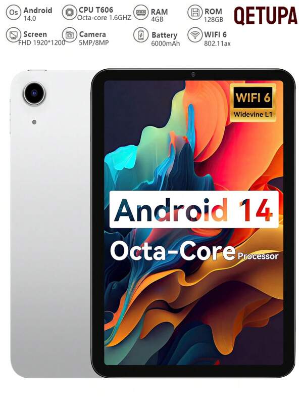 Qetupa Z19 10.1 Inch Android 14 Tablet,T606 Octa-Core 1.6GHZ Processor,4GB RAM+128GB ROM/8GB RAM+256GB ROM,802.11ax WIFI6 2.4G+5G,BT 5.0,Incell FHD(1920x1200) IPS Touch Screen,5MP+8MP Dual Camera,6000mAh Long Battery Life, Supports 1TB Expansion