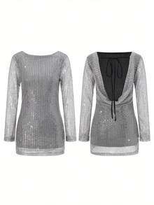 Women Mini Bodycon Dress Sequins Long Sleeve Tie-Up Backless Cocktail Dress Spring Fall Party Dress - 銀灰色 - 查看 7