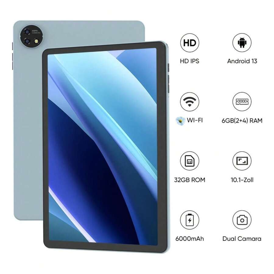 Android 13 Tablet, 10-Inch Tablet Equipped With A Quad-Core Processor, 2GB RAM, 32GB ROM With 512GB Expansion, 1280x800 High-Definition Touch Screen, GPS, WiFi, Camera, 6000mAh Battery. Tablet (Blue) - 黑色 - 查看 1