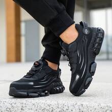 Men'S Comfortable Button Air Cushion Sole Shock-Absorbing Breathable Anti-Puncture Work Shoes - Black & Gray, Lace-Up Safety Shoes For Men, Industrial Footwear, Sleek Design, Durable Construction, Metal Toe Protection, Metal Toe Shoes - 黑色 - 查看 5