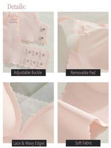 Sutiene fără sudură din plasă, model patchwork, push-up, fără buzunar, sutien cu tampoane, sutien cu volane, sutien din dantelă, fără fereastră, cu garnituri de salată verde, intim, romantic, cu margine ondulată, confortabil, cu ridicare, fără fereastră, lenjerie de bază, culoare solidă, reglabil, sutien - Baby Pink - Vizualizare 3