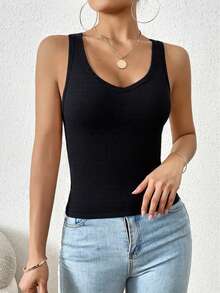 Solid Color Ribbed New Camisole Vest For Women, Sexy Sleeveless Undershirt Top For Summer - Black - View 3