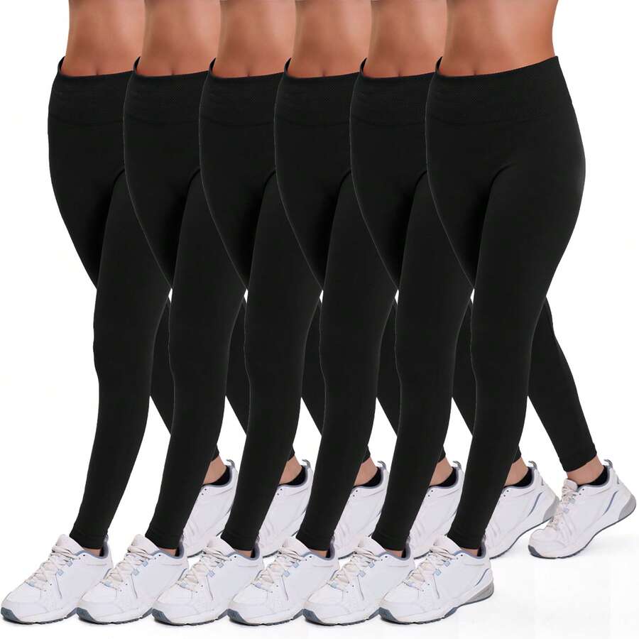 Active Club 6-Pack Fleece Lined Leggings For Women, High-Waisted Women's Leggings With Wide Waistband And Fleece Lining - 黑色 - 查看 1