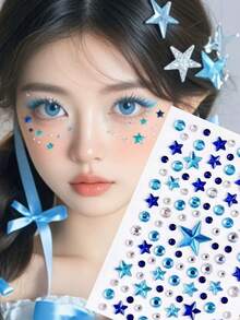 蓝钻脸部宝石星形面部和身体珠宝贴纸，粘贴式水晶钻，独立日派对服装化妆装饰