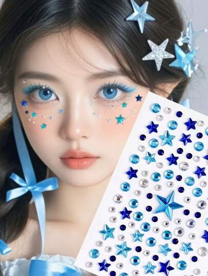 蓝钻脸部宝石星形面部和身体珠宝贴纸，粘贴式水晶钻，独立日派对服装化妆装饰